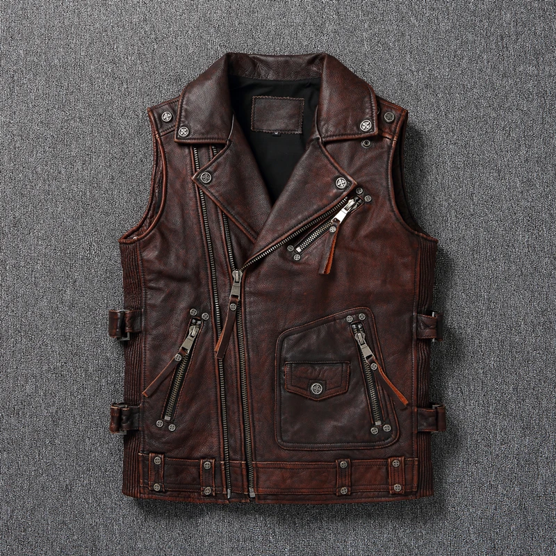 

Men's Sleeveless Vest Top Layer Cowhide Vintage Leather Jacket Red Brown Loose Classic Casual Autumn and Winter Essentials