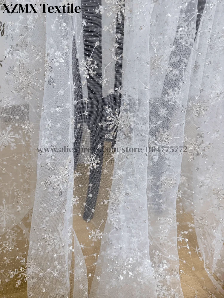 New Sparkling Snowflake Sequin Embroidered Mesh Fabric for Women's Children's Clothing, Designer Fabrics, DIY Sewing Accessories
