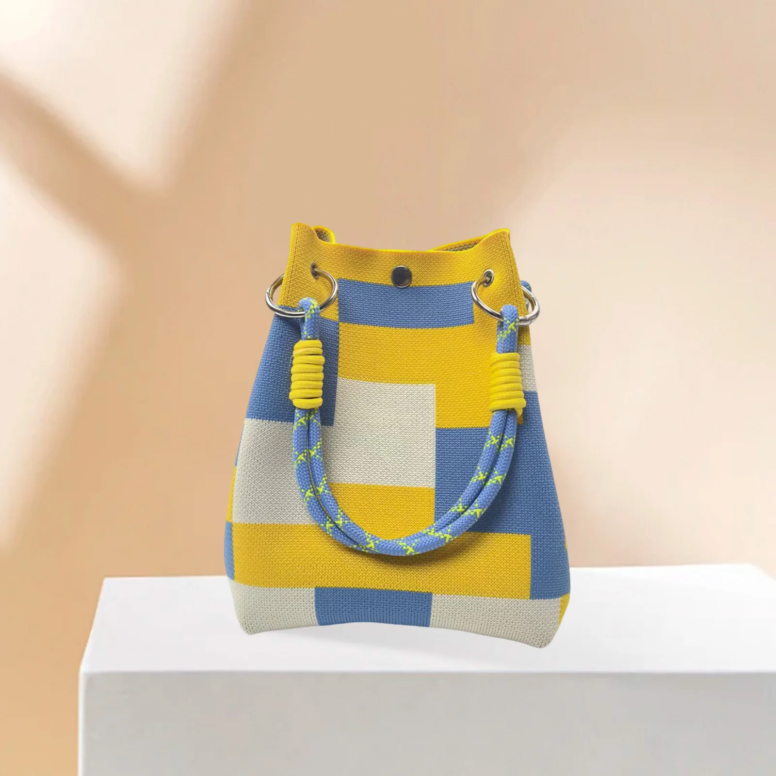

Модная вязаная сумочка для женщин, модная сумка-ведро в полоску с принтом, легкая маленькая сумка-тоут с ручками