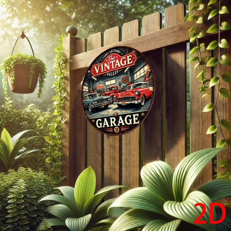 لوحة حائط مستديرة من الألومنيوم مسطحة عتيقة ثنائية الأبعاد - لافتة معدنية للمرآب القديم مع تصميم كلاسيكي للسيارات والأدوات، ديكور أمريكانا للحانات #6