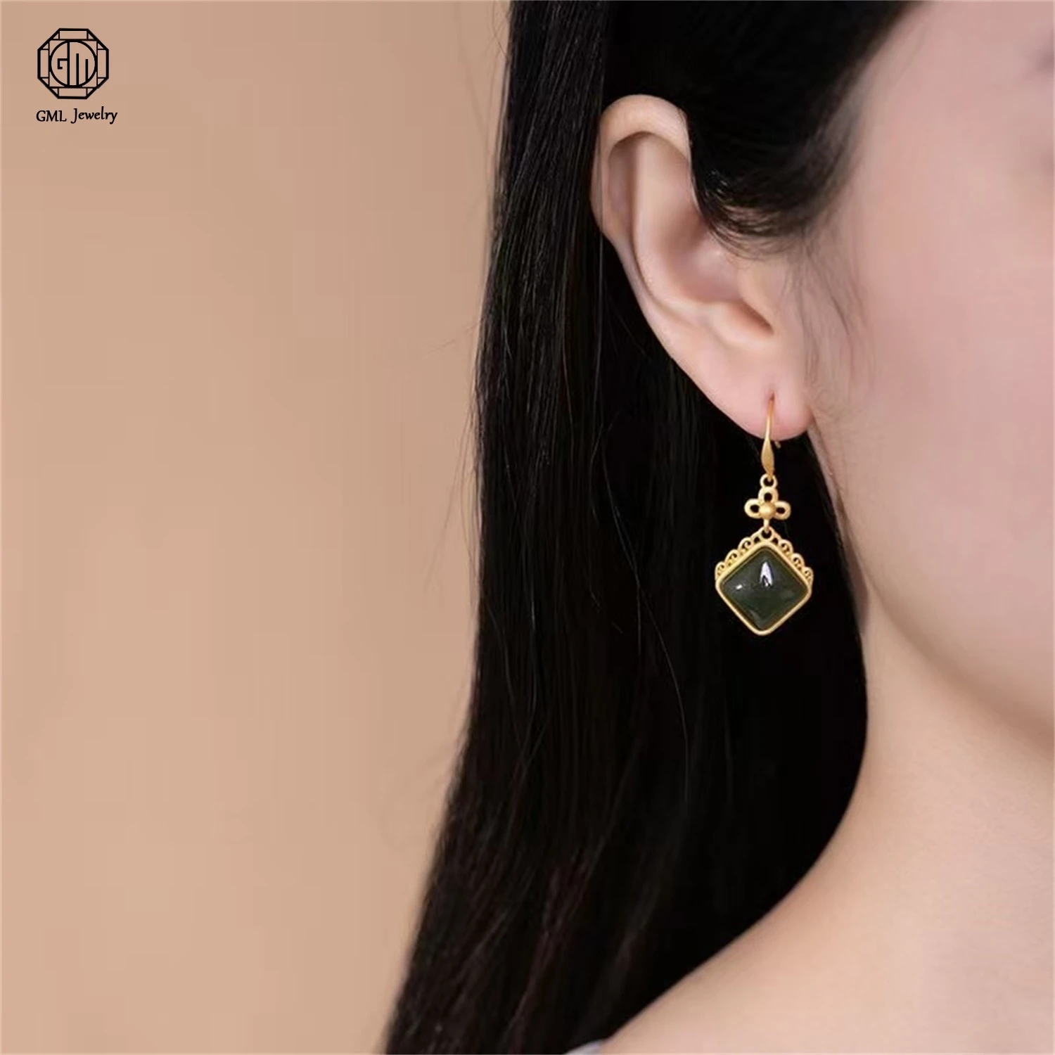 

Hetian Dark Green Jade Geometric Pattern Earrings Unique Fashion Women Drop Hotan Jade Exquisite Earrings Jewelry Gift