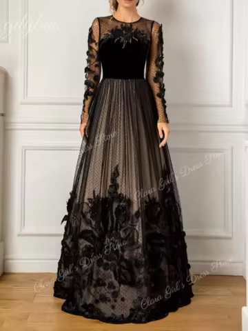 Custom Elegant Long Evening Dress Long Sleeve Lace Cocktail Party Sheer Black Evening Wear for Women
