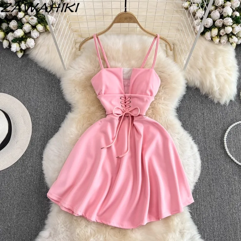 Sexy Camisole Dress for Female Patchwork Hollow Out Vestidos Gauze Bandage Korean Ropa Mujer Solid Color Sweet Women Clothing