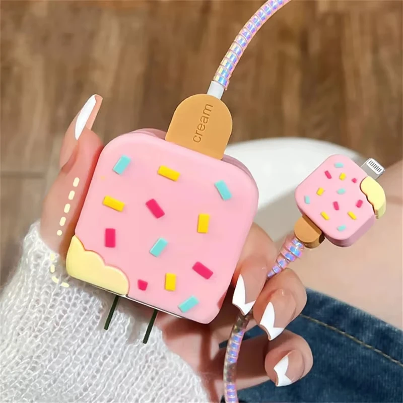 Cute 3D Ice Cream USB Cable Data Line Protector Cover For iPhone 18/20W Fast Charging Case Cartoon Winder Organizer Protective