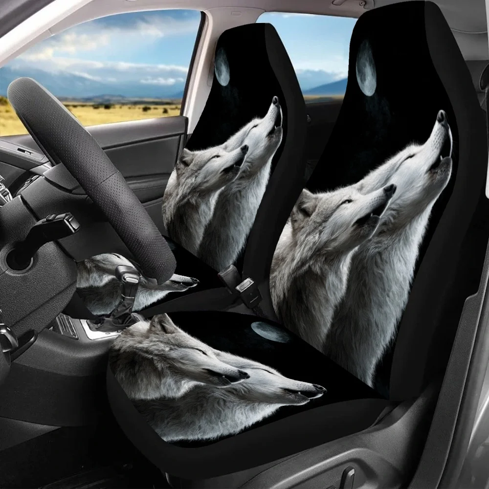 2pcs Moonlit Wolf Howl Car Seat Covers - Fit For Cars, SUVs & Sedans, Durable Canvas With Sponge Filling, Black & White Wolf Des
