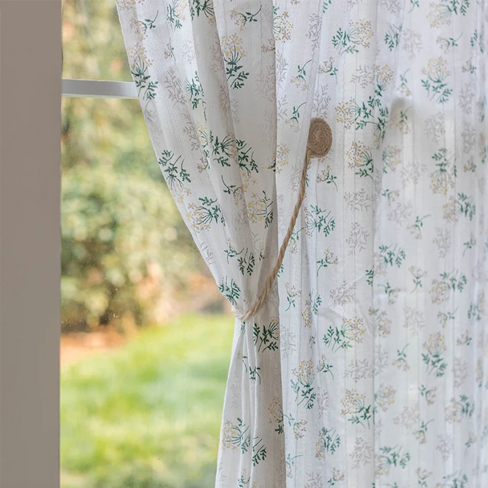 

Korean Cotton Daisy Curtains Road Pocket Sage Floral Tassel Curtain for Kitchen Bedroom Living Room Bay Window Cabinet Curtain
