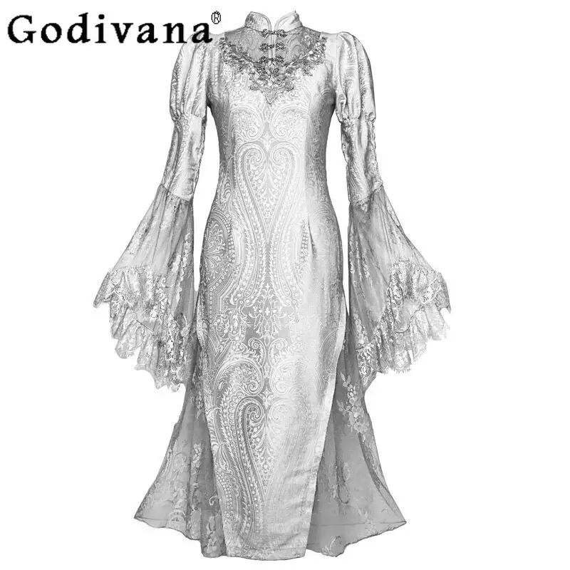 원래 크리스마스 로리타 파티 드레스 여성 고딕 높은 허리 자카드 벨벳 할로윈 드레스 여성 카니발 Cheongsam 드레스