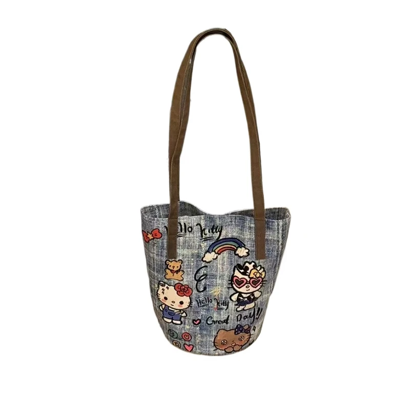 

Sanrio Denim Shoulder Bag for Woman Cute Hello Kitty Bucket Bag Large Capacity Luxury Designer Handbag Portable Durable