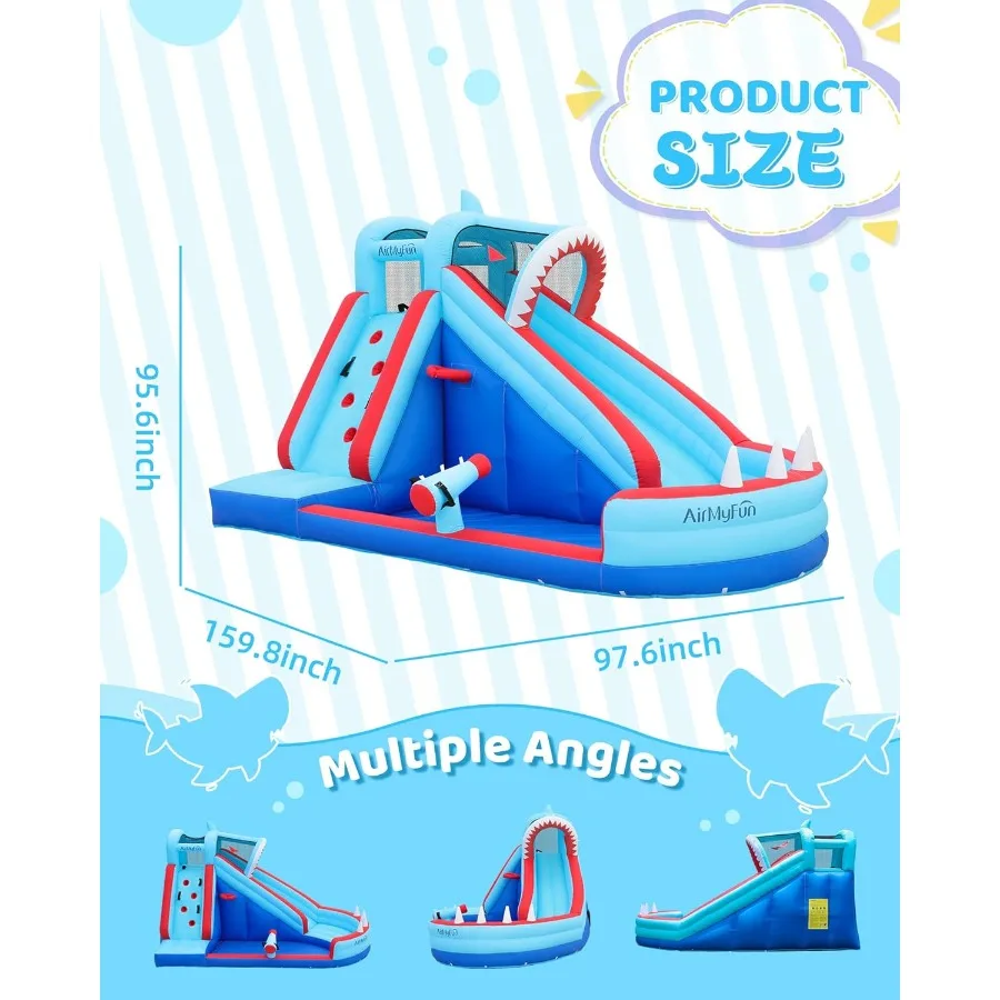 Casa di rimbalzo, casa gonfiabile gonfiabile a tema squali con scivolo, parco acquatico per bambini con scivoli d'acqua Castello di buttafuori