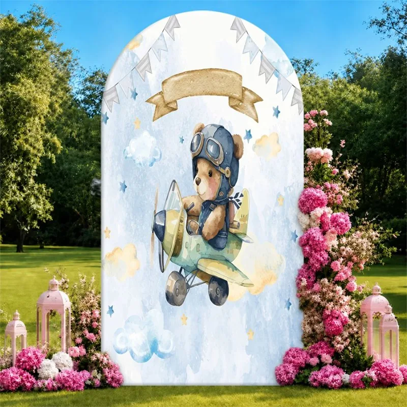 

Single Side Arch Backdrop Cover A charming aviation-themed backdrop featuring a bear pilot in goggles and scarf flying a vintage