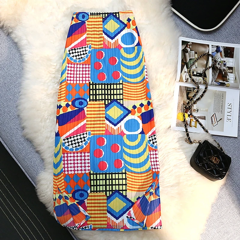 Fashion Printed Pleated Skirt Casual High Waist Slim Split Straight Midi Long Skirt 2023 Spring Summer Women's Clothes