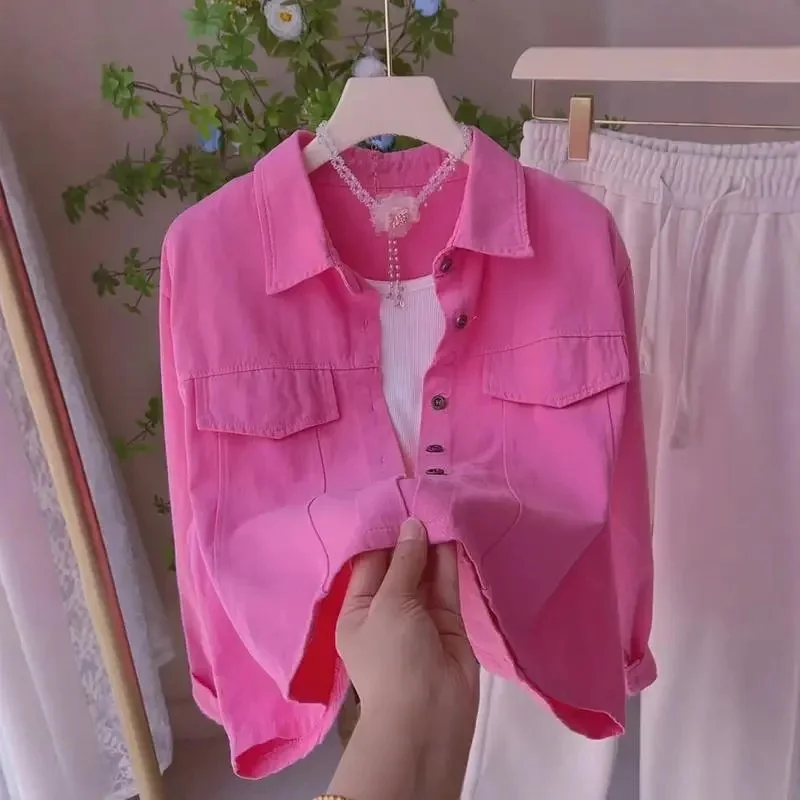 

Korean Ladies Long Sleeves Tops Coat Spring Autumn Feminine Leisure Cardigan Blouse Jacket 2025 Women Solid Color Shirt Outwear