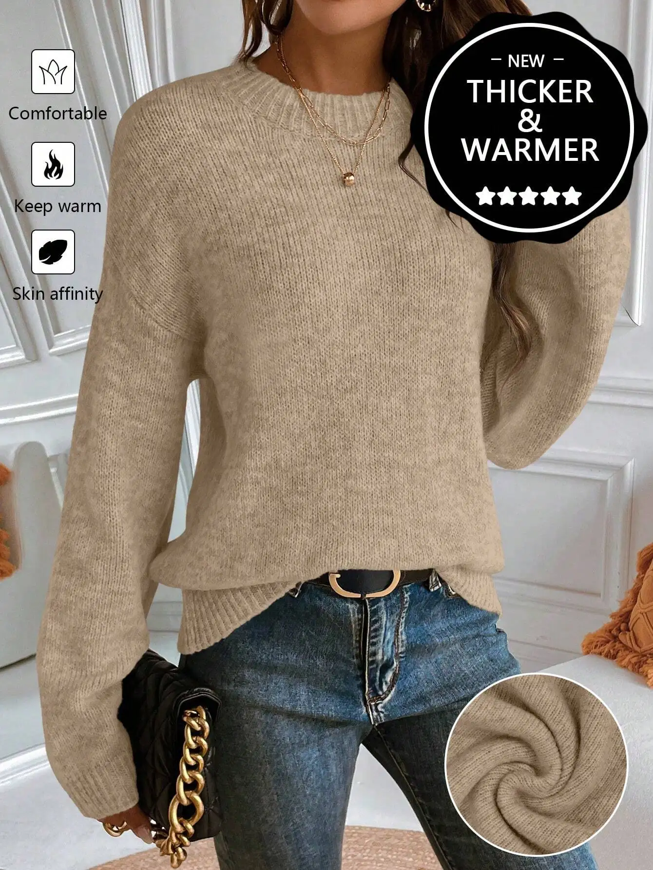 

New Thicker & Warmer Women's Beige Crew Neck Pullover Sweater - Cozy Knit, Long Sleeve, Casual Fall Winter Top