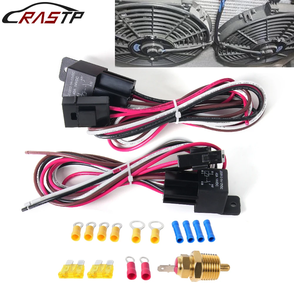 RASTP-40A Dual Electric Cooling Fan Wire Harness Install Kit 185F On 175F Off Thermostat Cooling Fan Relay Switch Kit WH001