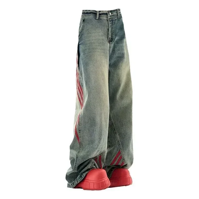 American Retro Jeans, Design Sense Washed Striped Splicing Pants,for Men and Women  High Leisure Sports Pants High Quality