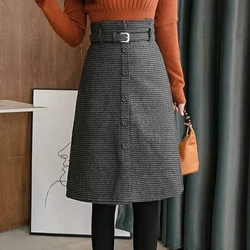 

MOUKYUN Plaid Wool Blend Midi Belted Skirt High Waist Slim Houndstooth A-Line Knee Length Skirt