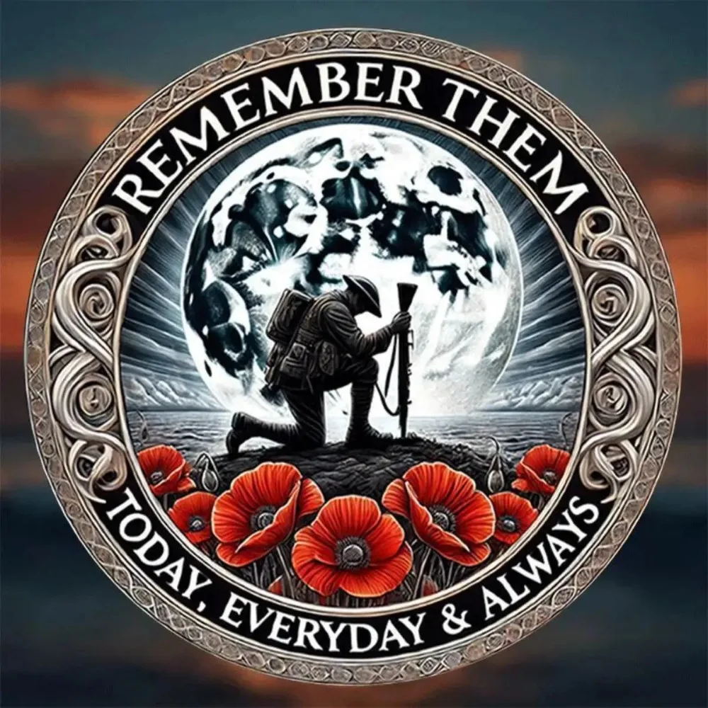 لافتة معدنية عسكرية عتيقة من الألومنيوم - شكل دائري مقاس 8 بوصات، تتميز بـ "تذكرهم دائمًا، اليوم وكل يوم"