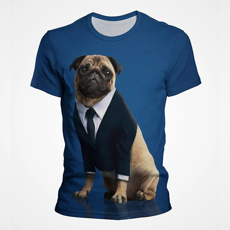 Casual Men T Shirt with Gentle Pug Dog Print Comfortable Quick Drying Leisure Short Sleeve Street Wear Summer Male Cool Top Tees