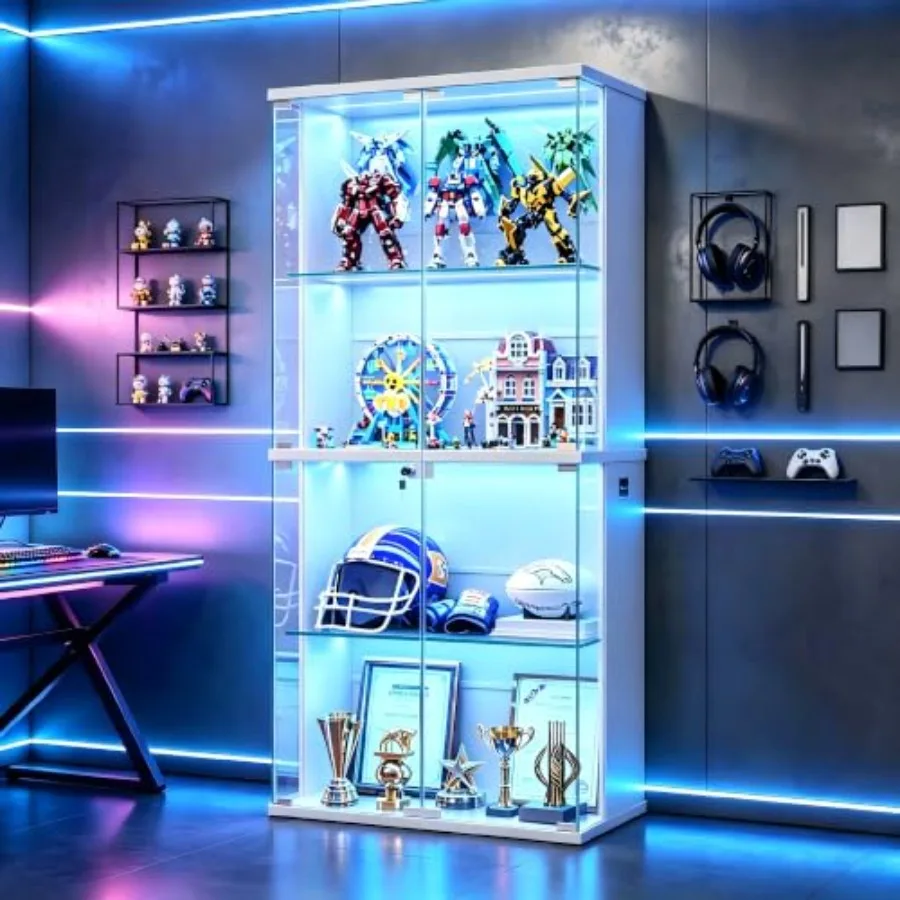 66 Glass Display Cabinet for Collectibles, Toys, Books - White Tempered Glass with 3-Color LED Lights, Lockable Storage, Motion