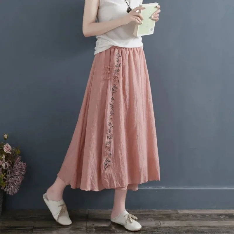 

Chiffon Women's Long Skirt Summer New Embroidered Elasto Waist Thin Loose Fashion Casual A- Line Skirt