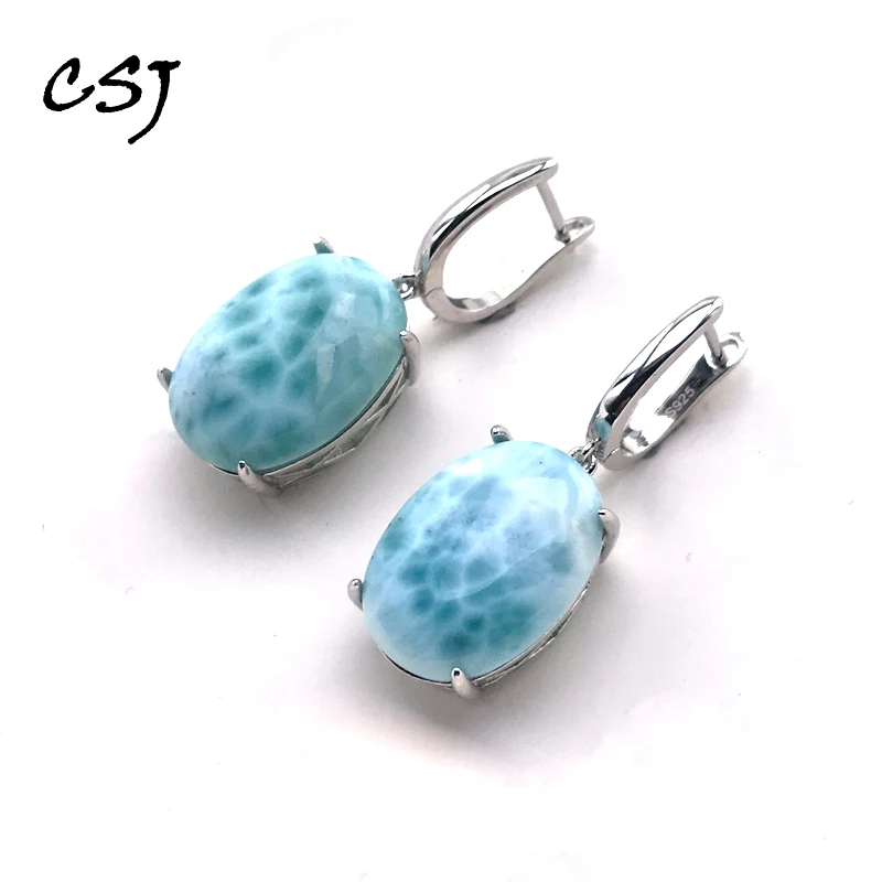 CSJ Big Stone Natural Larimar Earring Sterling 925 Silver Malachite Moonstone Amazonite Kyanite 13*18mm for Women Party Gift