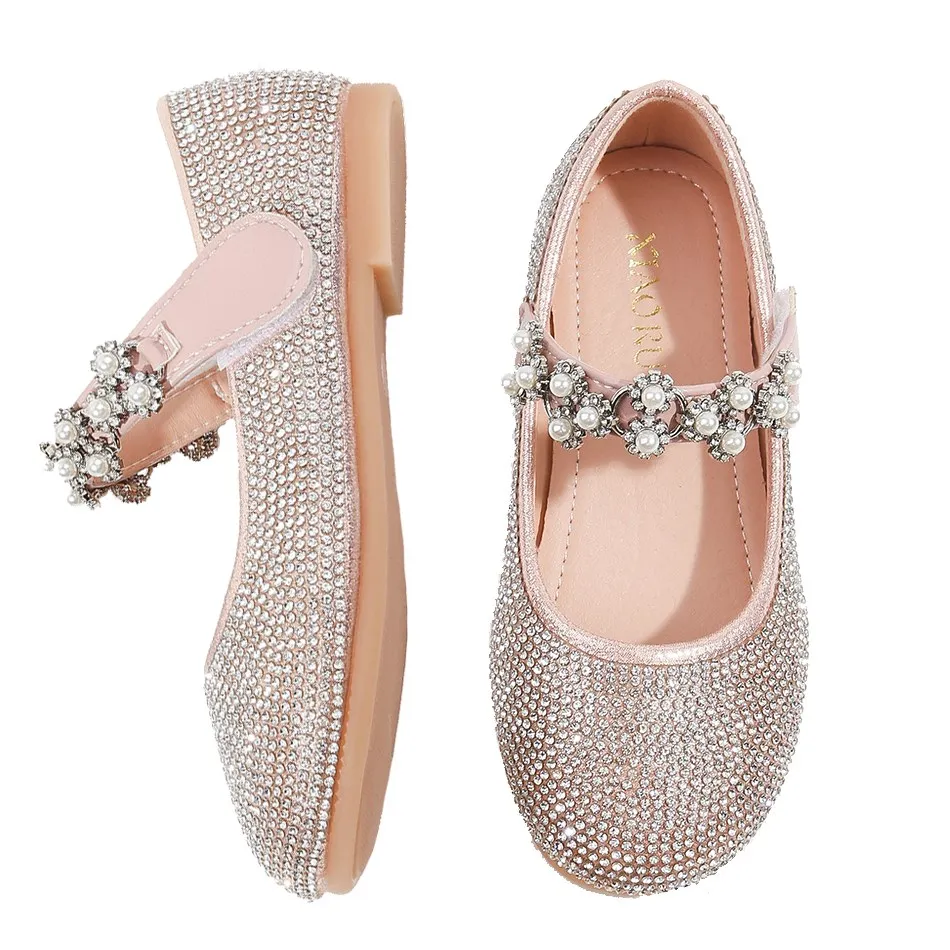 Children Slip on Ballerina Flats Rhinestone Wedding Party Mary Jane Shoes Girls Princess Dress Shoes Kids Bridesmaids Pump Shoes