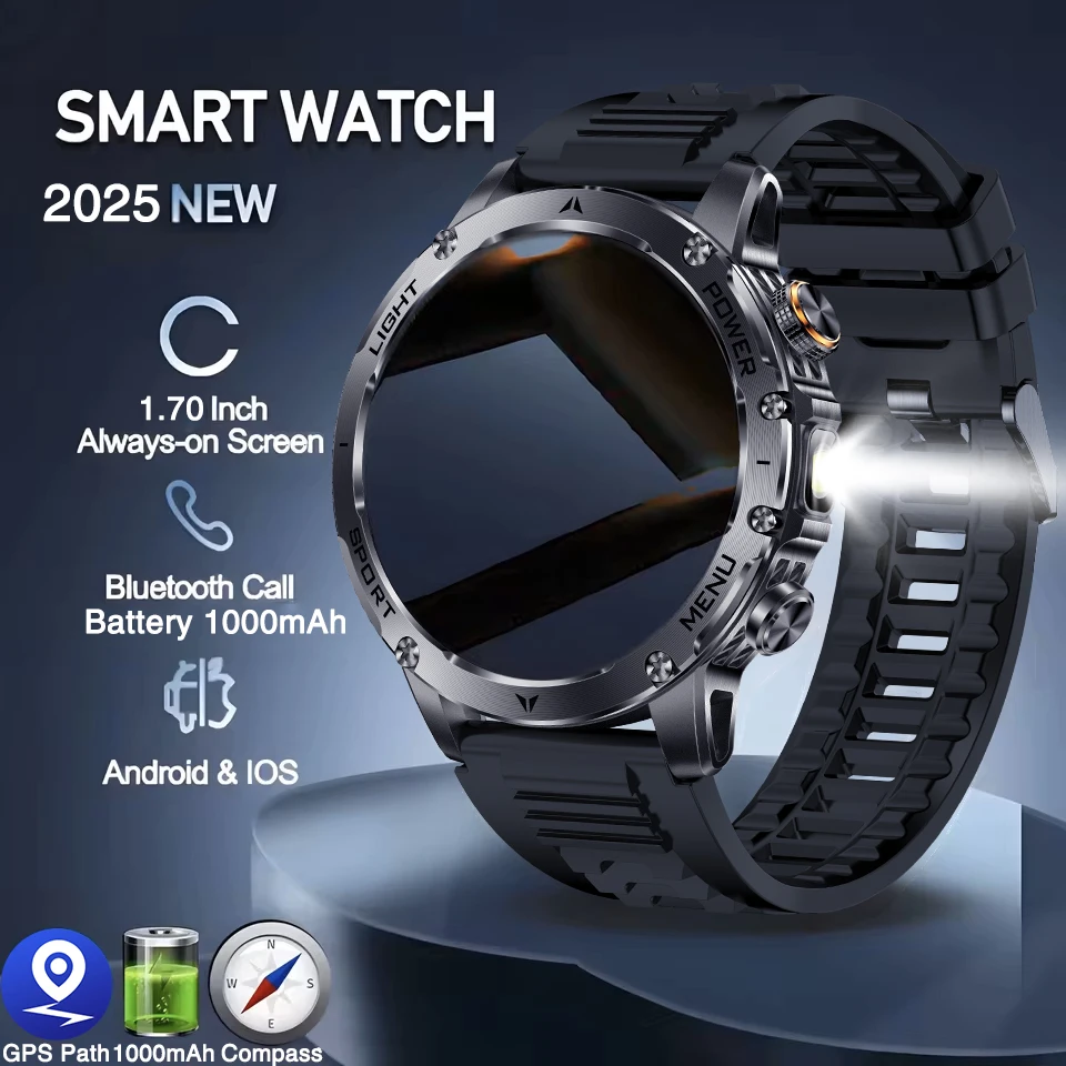 

GUHUAVMI Смарт-часы для мужчин 1,7 "AMOLED 1000 мАч аккумулятор большой емкости светодиодный фонарик BT Call водонепроницаемые спортивные умные часы для фитнеса
