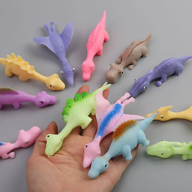 5pcs Catapult Launch Soft Glue Dinosaur Fun Tricky Slingshot Practice Elastic Flying Finger Sticky Decompression Toy