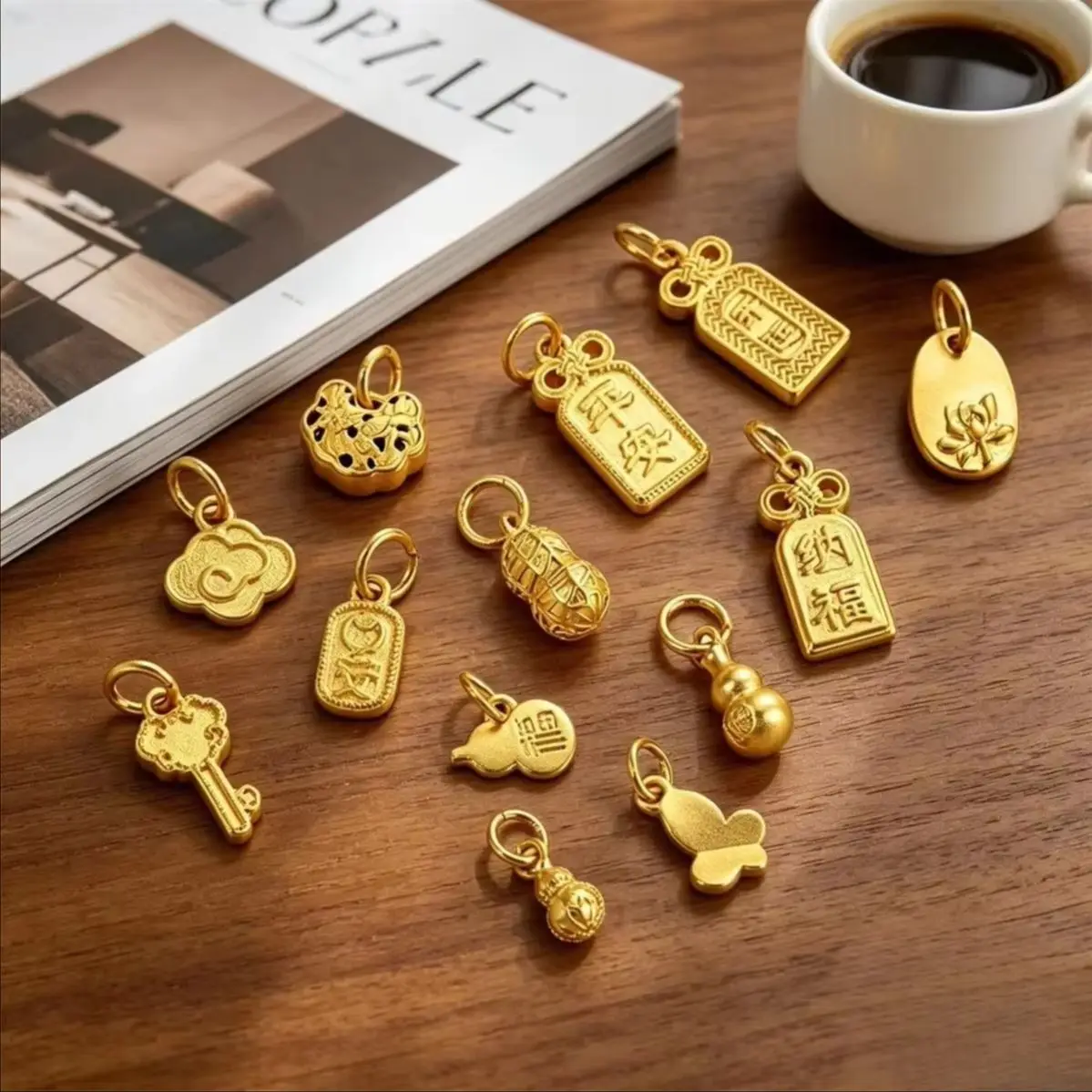 24K Gold Plated Brass Sand Gold Gourd Butterfly Lotus Peace Tag Charms DIY Bracelet Necklace Auspicious Jewelry Findings