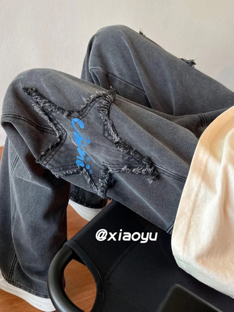 

Мужские джинсы свободного кроя с вышивкой звездами, хлопковые, прямые, в американском стиле, осенние, модные, широкие брюки