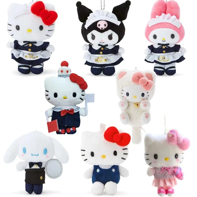 12cm Sanrio Cute Hello Kitty cosplay Party Dress Housemaid Plush Toy Doll Keychain Anime Stuffed Animals Keychains Small Pendant