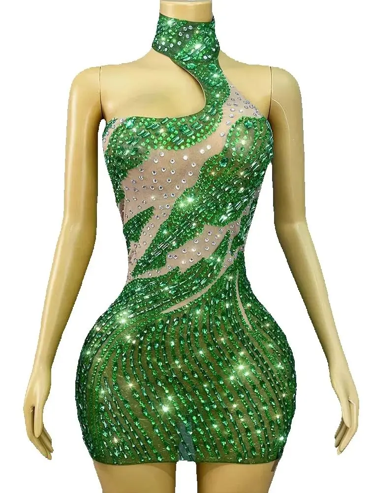 Wysokiej jakości zielona sukienka z cyrkoniami, seksowna, z odkrytymi plecami i wiązaniem na szyi, nowa kolekcja 2025, odzież damska na zamówienie.