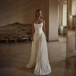 Strapless Satin Wedding Dress Embroidery Corset Bodice Pleated Skirt Lace Up Back A Line Long Bridal Gown Vestido De Novia 2026