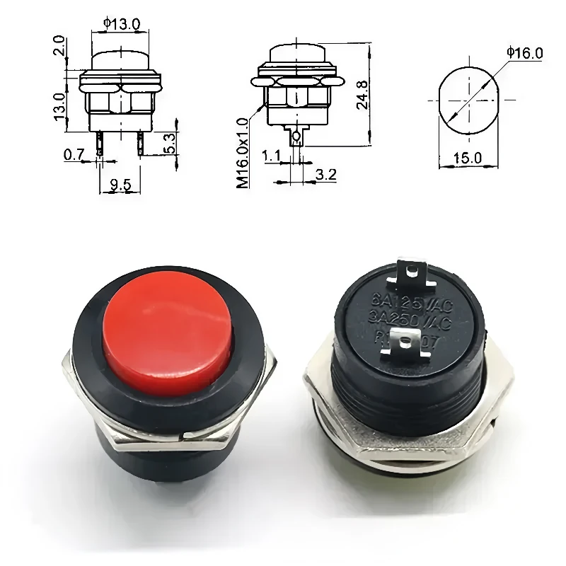 5-100pcs R13-507 Momentary Push Button Switch 16mm 2Pins 6A/125VAC 3A/250VAC Black Blue Red White Yellow Green Round Switches
