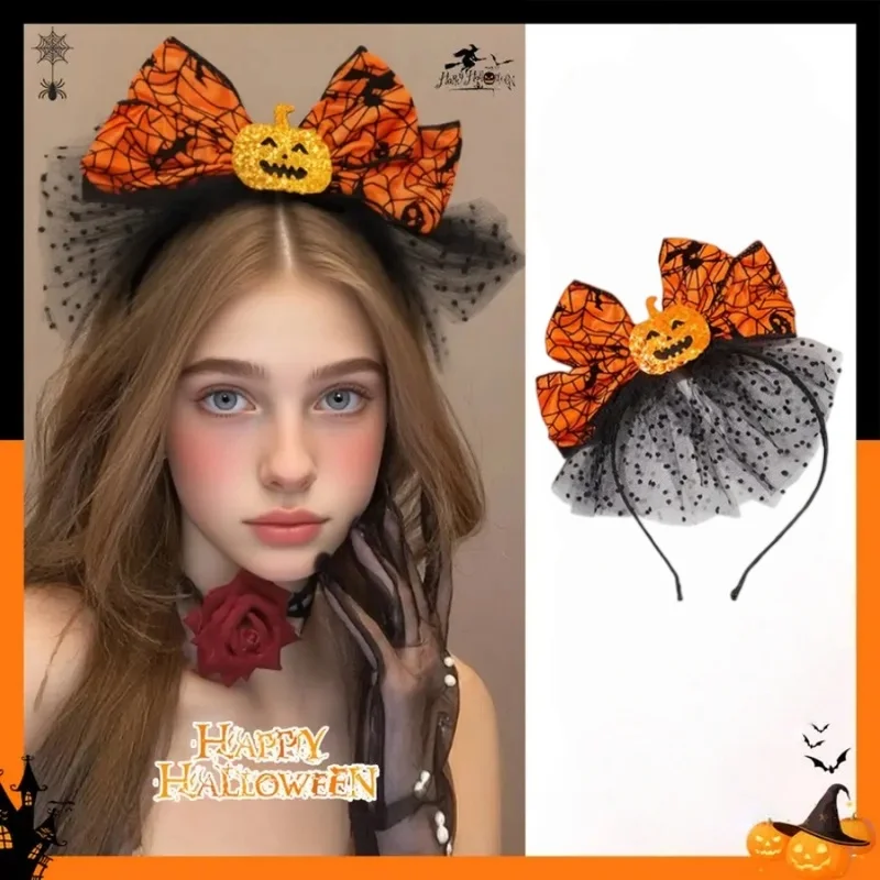 1 pc Bandeau Halloween en tulle noir à pois avec nœud citrouille, toile d'araignée orange et nœud chauve-souris, accessoire pour cheveux, fête et cosplay