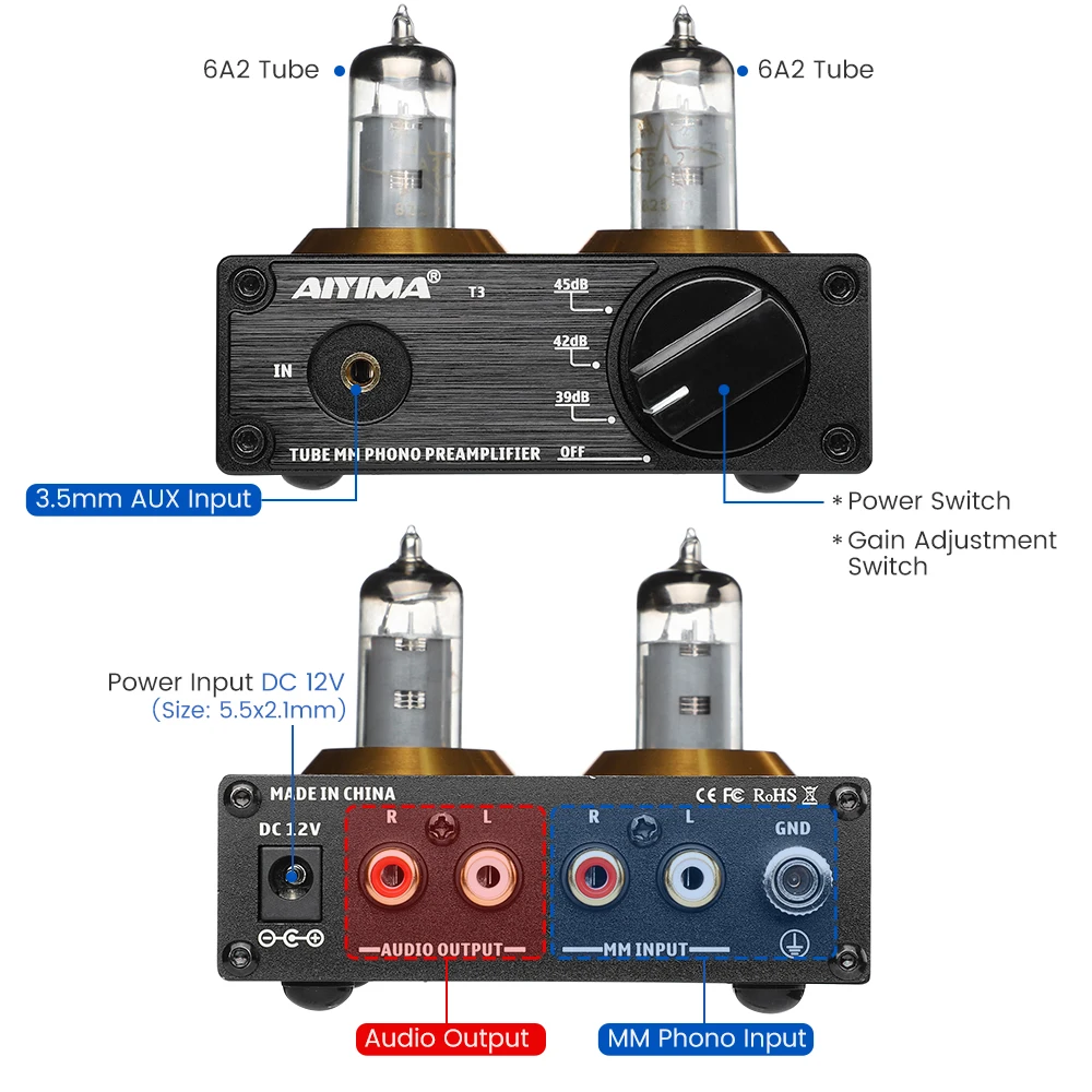 AIYIMA Audio T3 Phono Preamplifier for Turntable Phonograph Preamp Vinyl Record Player Mini Stereo HiFi Vacuum Amplifier DIY