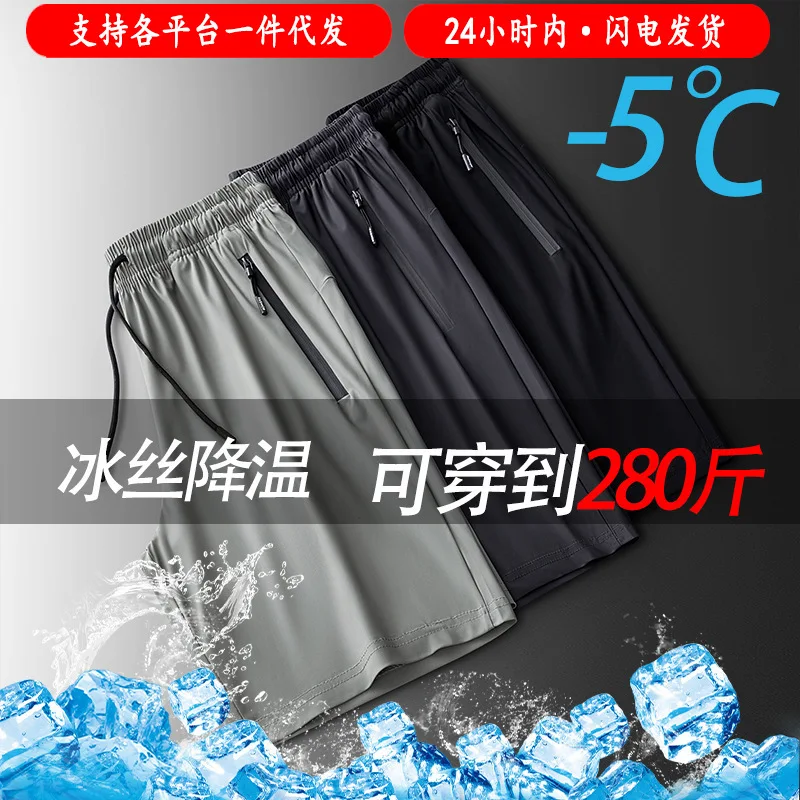 

2025Mens Summer Casual Sports Plus Size Shorts 7 inch 5 inch Length, Quick-Dry Beach Pants Ice Silk Loose Trousers