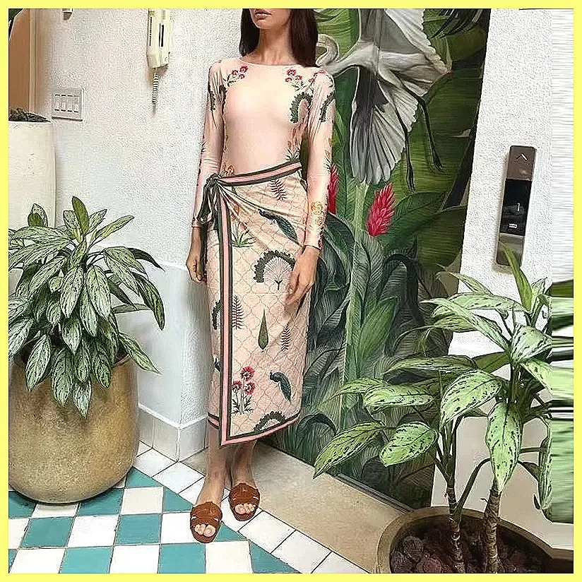 Summer 2 Piece Swimsuits Long Sleeve Bodysuit & Skirt Set, Printed Slim Swimsuit Cover Up Beachwear (Characters: 78)