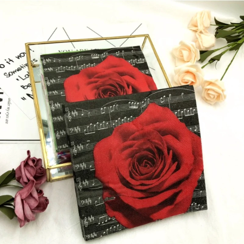 20pc Colourful Napkins Rose Printed Square Paper Napkins Restaurant Floral Facial Tissue Wedding Party Table Setting Black & Red