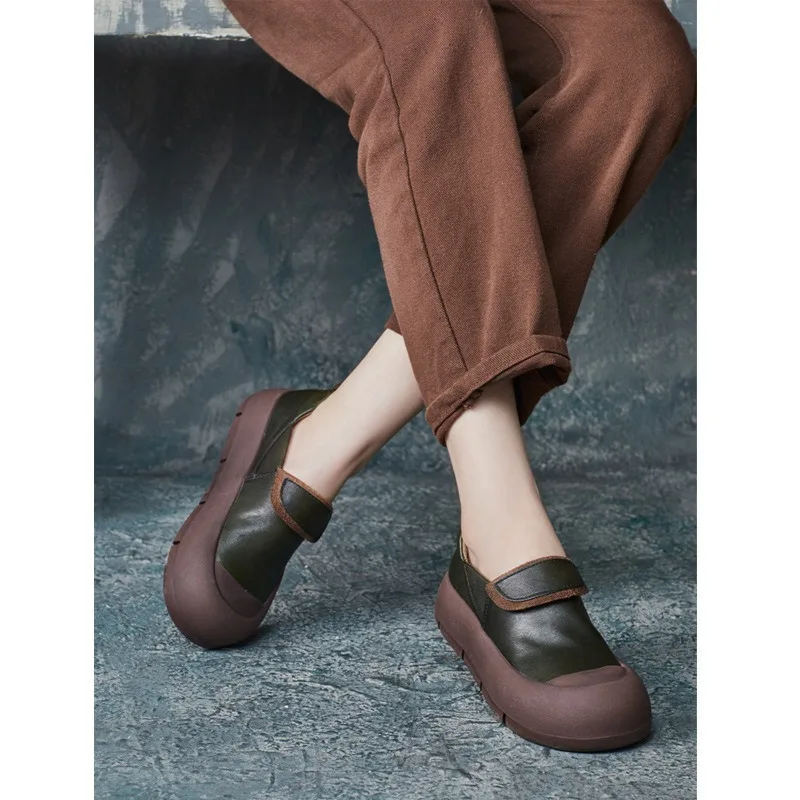 Birkuir Retro Flat Platform Women Shoes Slip On Thick Heel Soft Sewing Shoes 2024 Luxury Round Toe Genuine Leather Casual Shoes