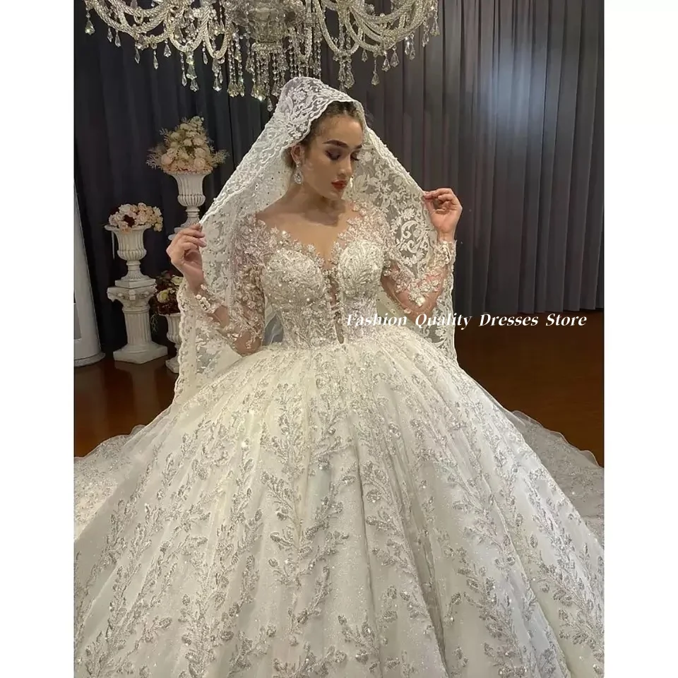 Wedding Dresses Long Sleeve Bridal Gown V Neck Heavy Embroidery Puffy Ball Skirt Cathedral Train Royal Wedding Robe Customized