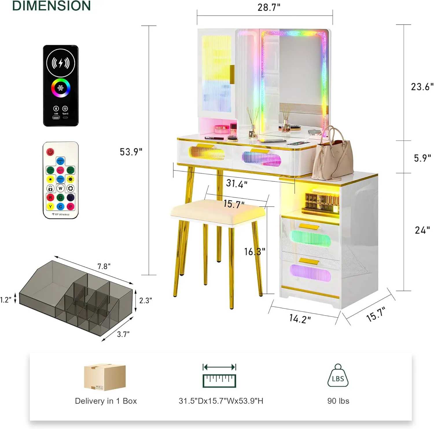 HNEBC RGB Vanity Desk with Mirror and Lights, LED Vanity Table Set with Wireless Charging Station/Body Sensor, Make up Vanity wi