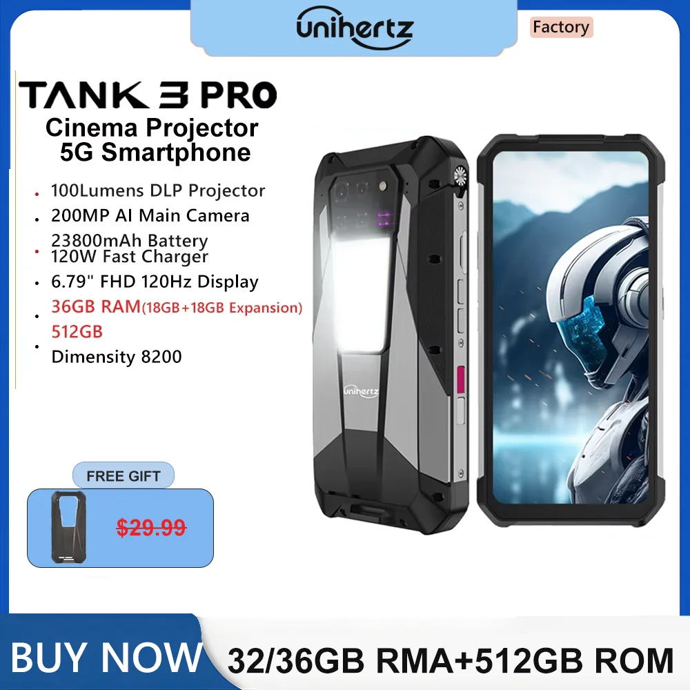 Unihertz 8849 Robusto Tank 3 Pro Smartphone com Projetor de 100 Lumens, Android 14,32 GB, 36 GB, 512 GB, Câmera 200 MP 64 MP, 23800 mAh, 5G