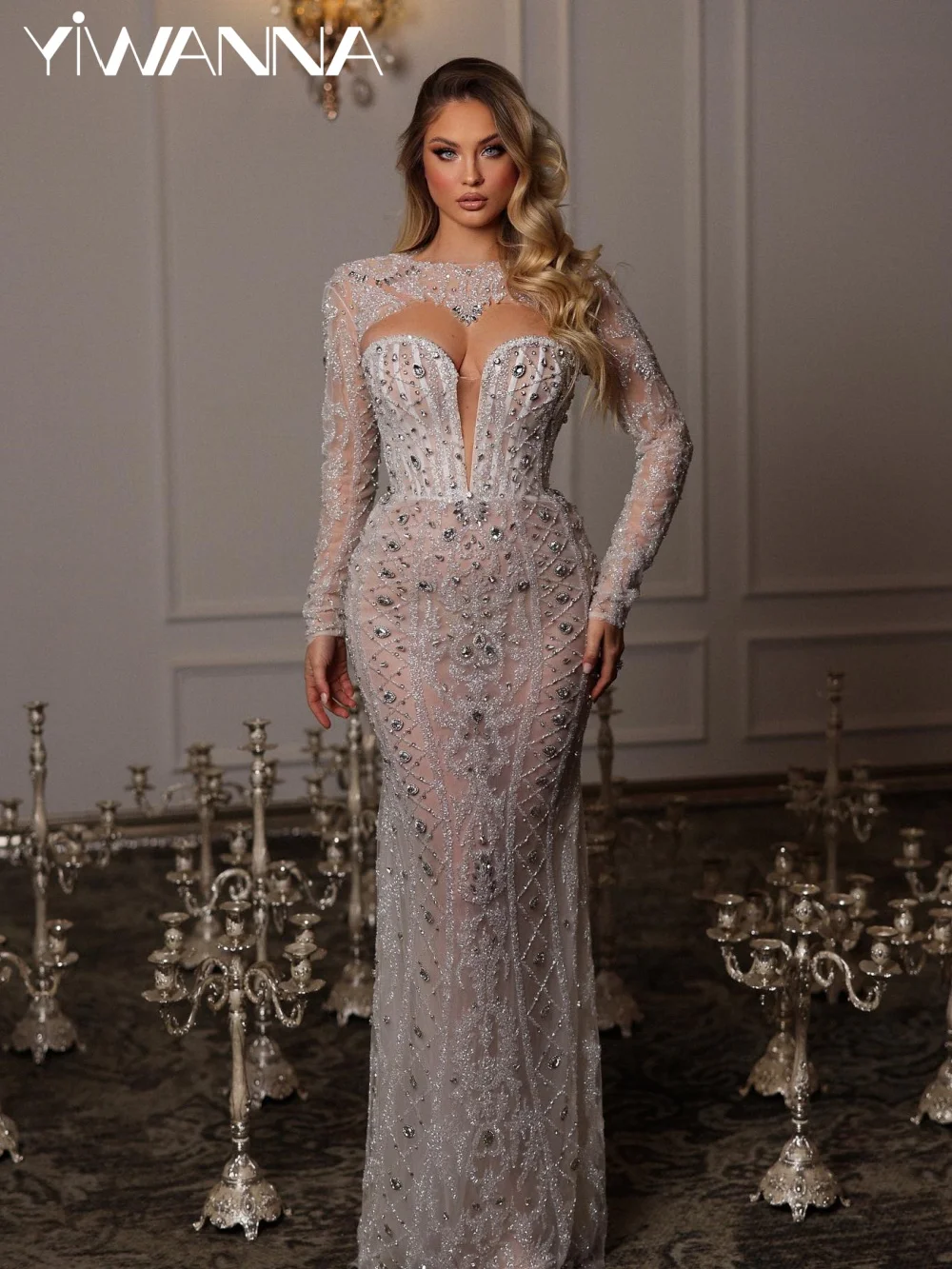 Oszałamiająca suknia ślubna z kryształowym haftem, iluzoryczne długie rękawy, prosta suknia ślubna, nowa, szyta na miarę, przepiękne suknie dla panny młodej.