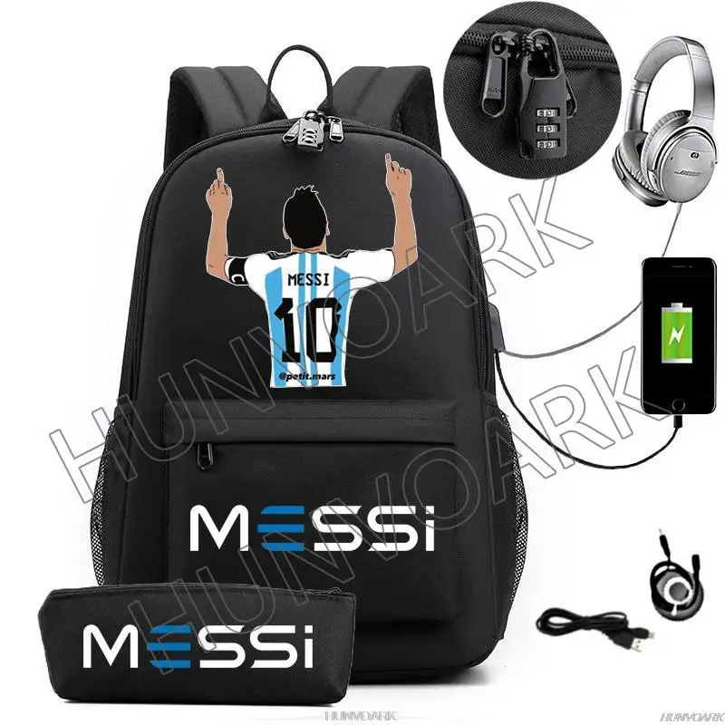 Messi-mochila ligera para ordenador portátil para hombre y mujer, morral escolar informal con USB, mochila de viaje para jóvenes, adolescentes,