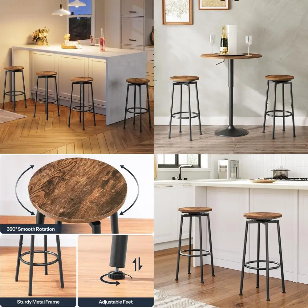 Set of 2 Swivel Bar Stools, 24.9 Round Backless Modern Kitchen Island Chairs, Adjustable Feet, Rustic Brown & Black BF24BY01