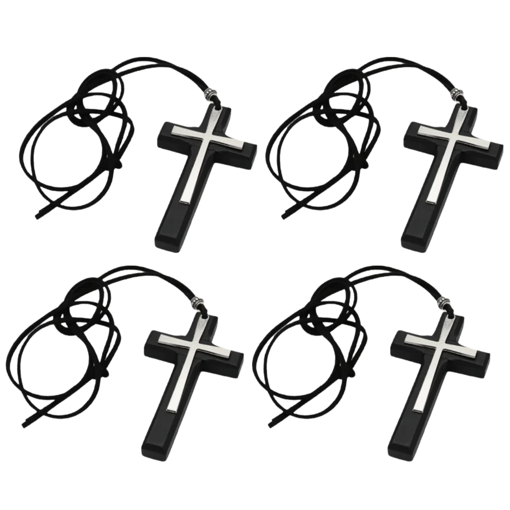4pcs Pine Wood Material Wood Cross Necklace Cross Shape Zinc Alloy Frame Car Rearview Mirror Pendant Light Weight Smooth Surface