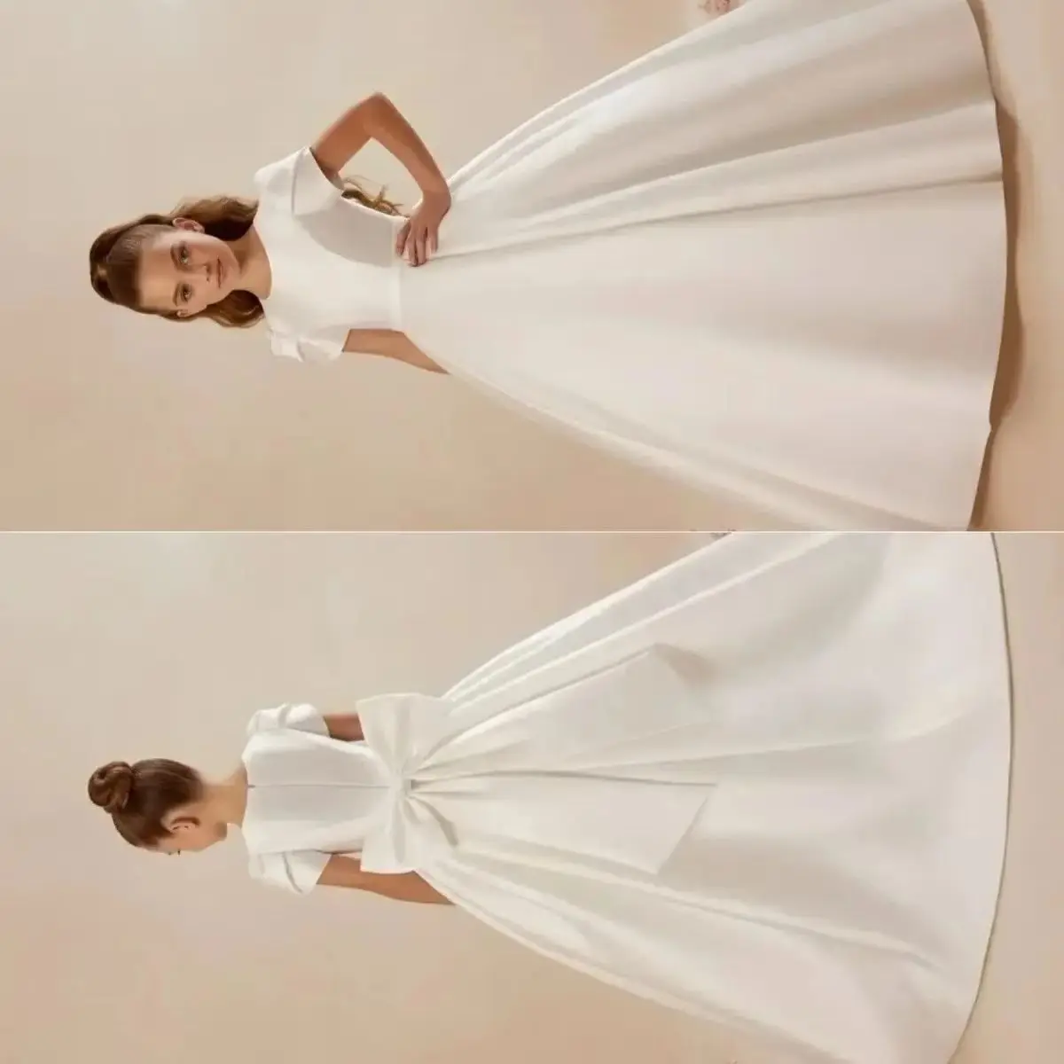 

Customized Luxury Shiny A Line Elegant Pleat Sequined Flower Girl Dress Bow Floor Length Applique Formal First Communion Dress