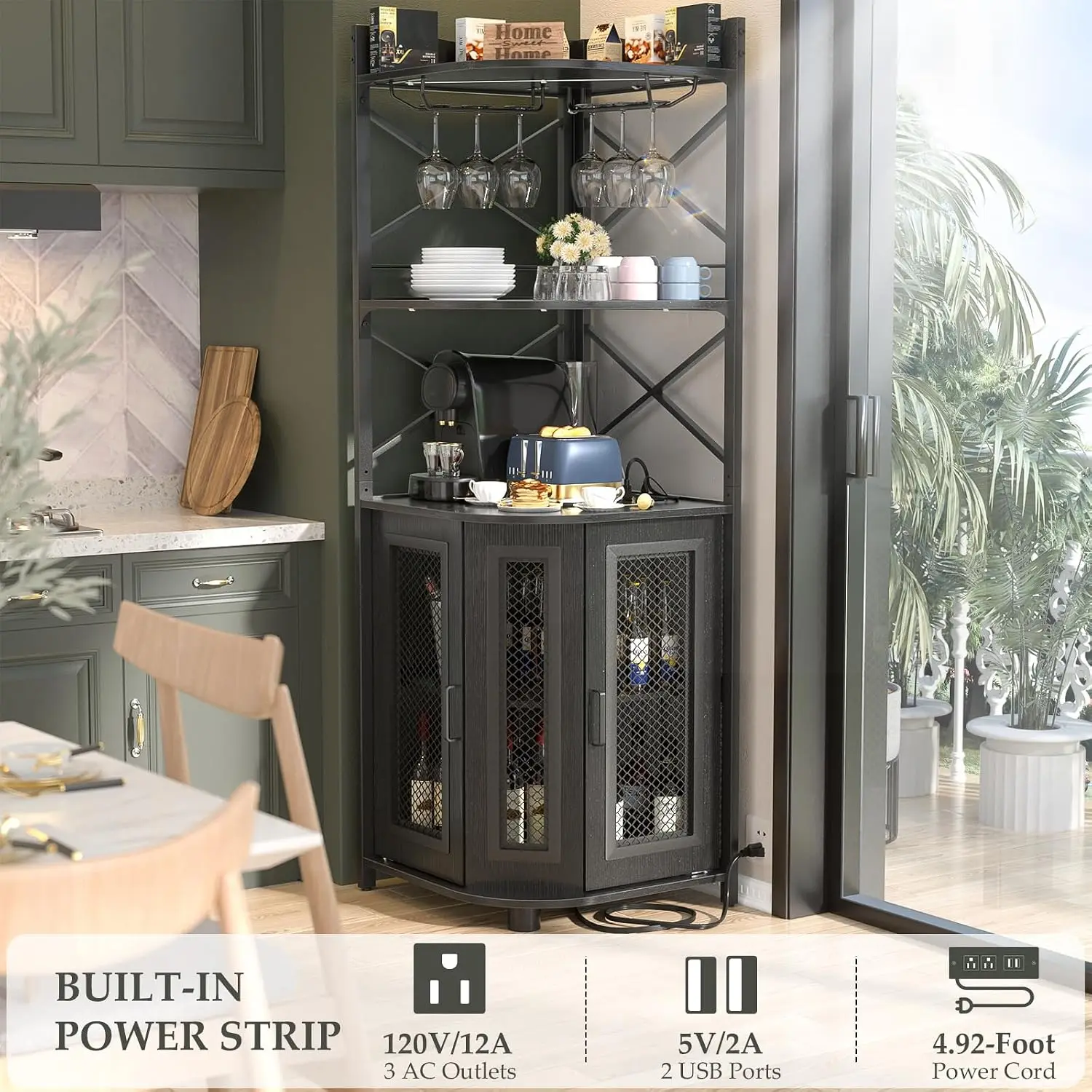 Aheaplus Corner Bar Cabinet with Power Outlet & LED Lights, 5-Tier Industrial Wine Cabinet Mini Bar Unit with Glass Holder, Corner Display Storage Cabinet for Small Space, Living Room, Kitchen image 6