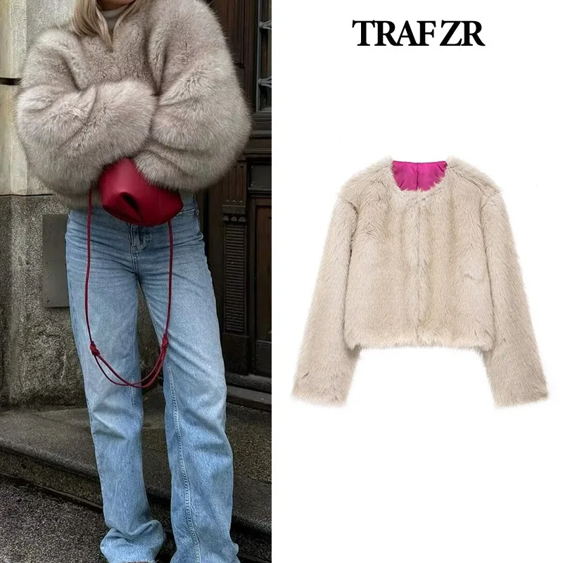 TRAF ZR Padded Coat Artificial Fur Coats Elegant Luxury Women's Coat American Retro Beige Coats Female Warm Woman Winter Coats